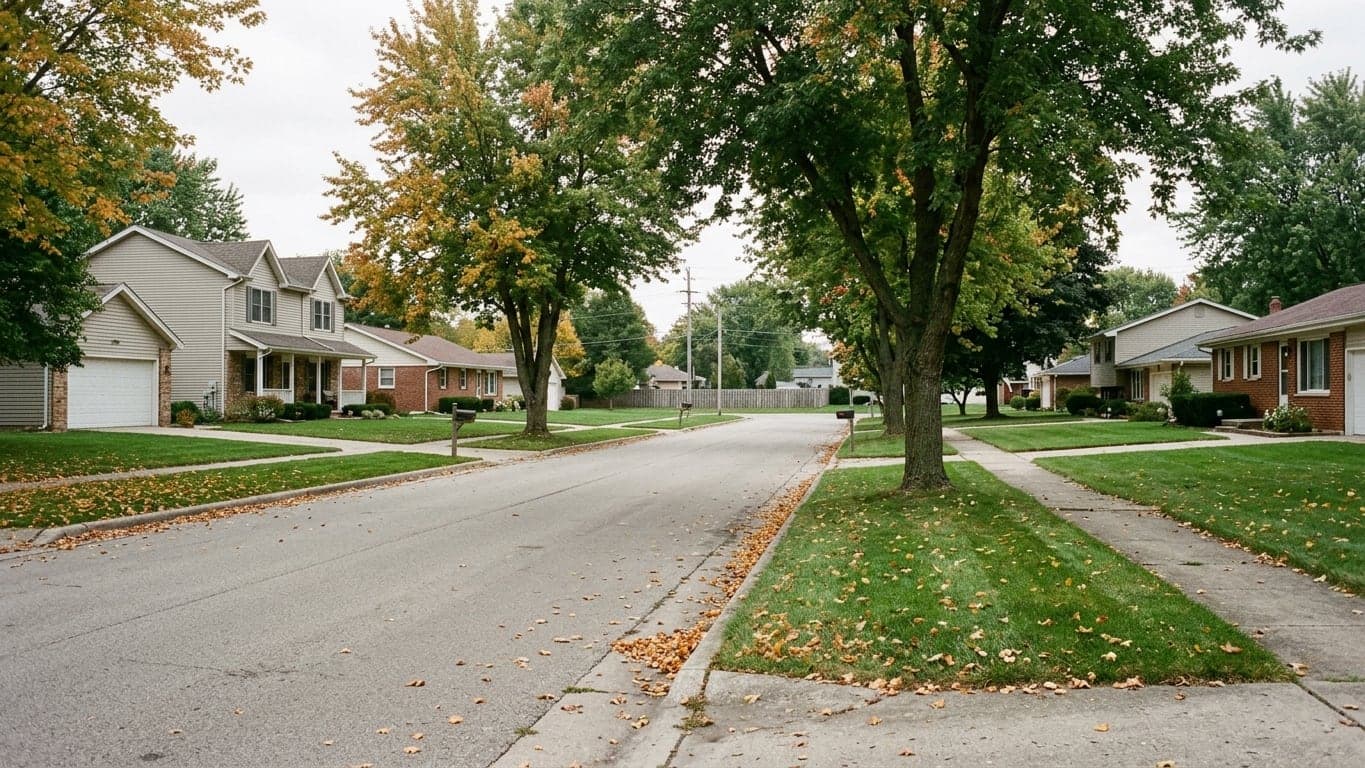 A tree-lined suburban street in the Des Moines metro