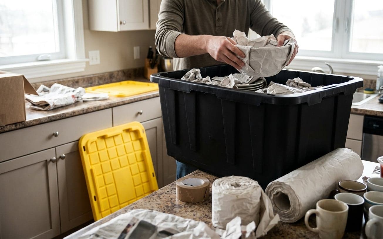 A kitchen being packed into labeled moving totes on the counter