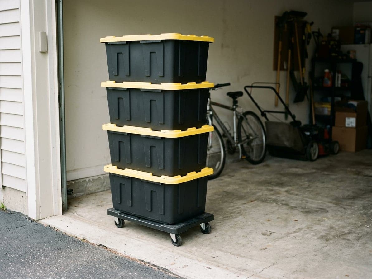 A stack of totes dropped off inside an open garage